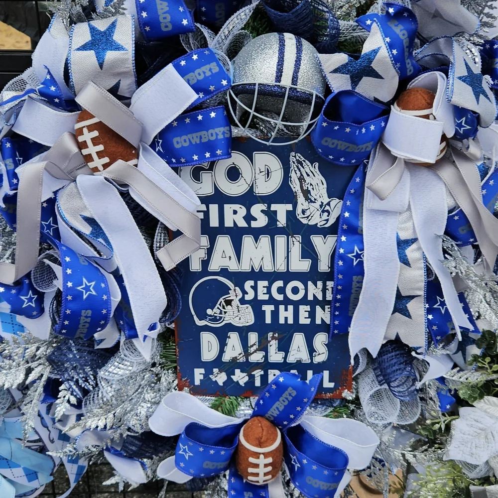 Dallas Football Themed Wreath with Blue and Silver Accents